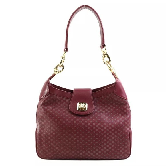 Auth CELINE DIFFUSION Shoulder Bag Burgundy/Gray Leather/Goldtone - Picture 1 of 15